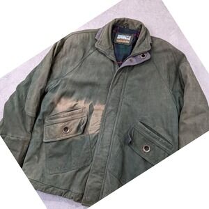 Adler‎ Men's Genuine Leather Olive Green Jacket Plaid Flannel Lined Barn Coat